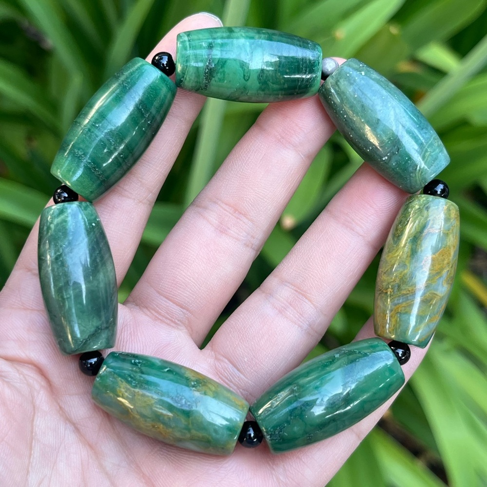 15mm chunky stretchable‎ barrel shape moss agate bracelet
